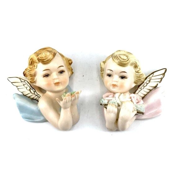 Norcrest Angels Cherub Porcelain Wall Hanging Set 2 Labels Vintage Japan 4.5" - Picture 1 of 13